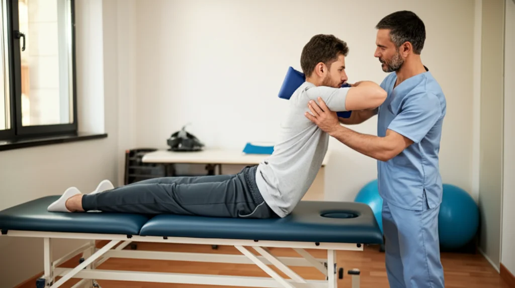 Una persona che fa esercizi di fisioterapia con un terapista in una stanza luminosa e accogliente, concentrandosi sul movimento e mostrando impegno. Telephoto zoom 100mm, fast shutter speed, action tracking.