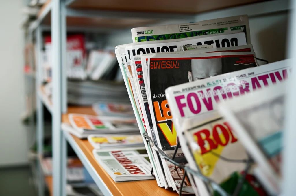 Fotografia realistica di uno scaffale pieno di riviste scientifiche impolverate in un ufficio sportivo moderno, luce soffusa, obiettivo prime 35mm, profondità di campo ridotta per sfocare lo sfondo mettendo in evidenza il contrasto tra la conoscenza disponibile e la sua mancata applicazione.