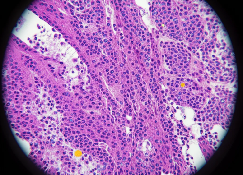 Visualizzazione al microscopio di tessuto di adenocarcinoma pancreatico, evidenziando cellule tumorali (viola scuro), stroma fibrotico denso (grigio chiaro) e diverse cellule immunitarie infiltrate (linfociti T in blu, macrofagi in giallo). Macro lens, 105mm, high detail, precise focusing, controlled lighting, atmosfera scientifica.