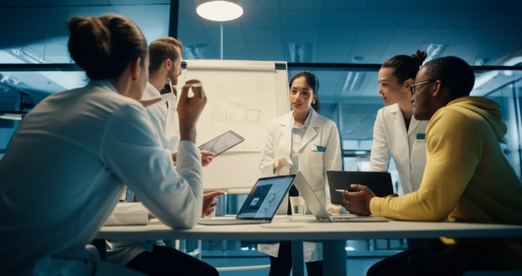 Fotografia realistica di un gruppo diversificato di scienziati dello sport, allenatori e un atleta che discutono animatamente attorno a un tavolo con grafici su tablet e lavagne luminose in un moderno centro sportivo, luce da ufficio brillante ma naturale, obiettivo zoom 24-70mm, catturando l'interazione collaborativa e la tecnologia integrata.