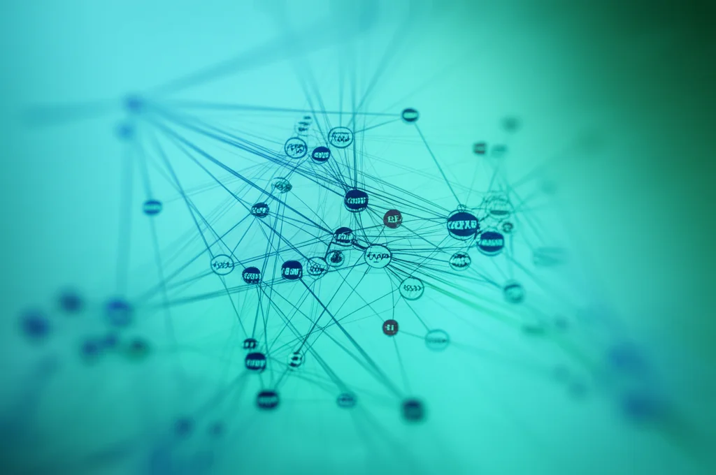 Grafico astratto che rappresenta i risultati della randomizzazione mendeliana: linee di connessione tra varianti genetiche (SNP), tratti biologici (cellule immunitarie, batteri, metaboliti) e il rischio di cancro al pancreas. Prime lens, 35mm, depth of field, duotone blu e verde acqua, stile infografica scientifica.