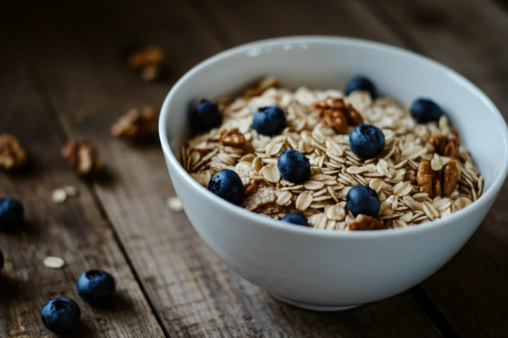 Una ciotola di ceramica bianca piena di fiocchi d'avena, mirtilli freschi e qualche noce, vista dall'alto su un tavolo di legno rustico. Luce naturale laterale che crea ombre morbide. Macro lens 85mm, high detail, precise focusing.