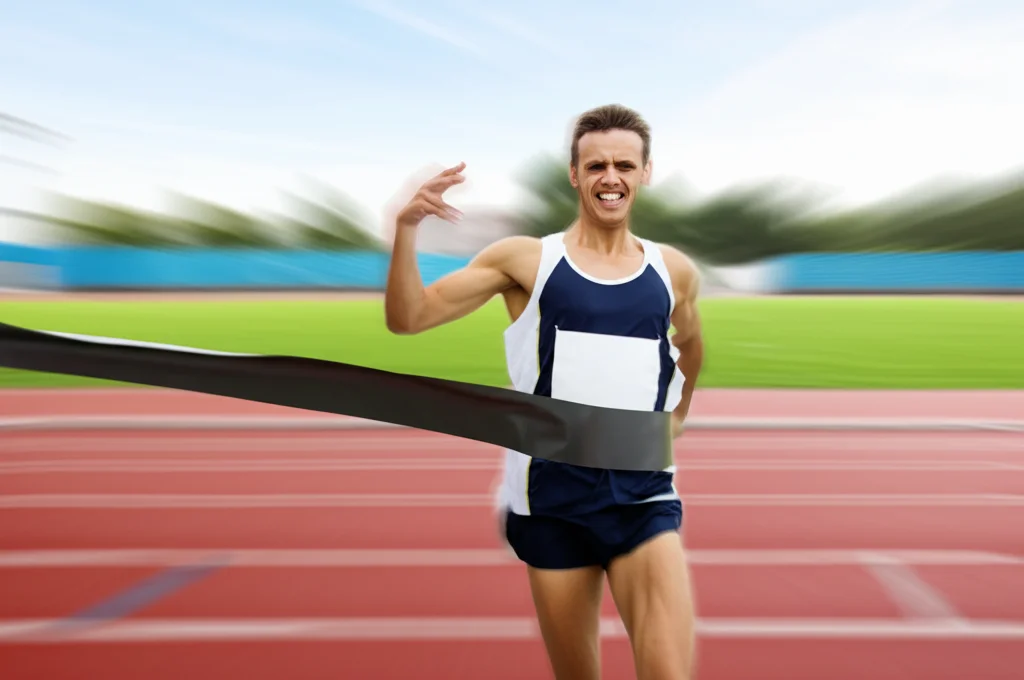 Fotografia sportiva realistica di un atleta d'élite che taglia il traguardo vittorioso su una pista di atletica, teleobiettivo 200mm, alta velocità dell'otturatore per congelare il movimento, espressione di trionfo sul volto, leggero motion blur sullo sfondo per enfatizzare la velocità e il successo.