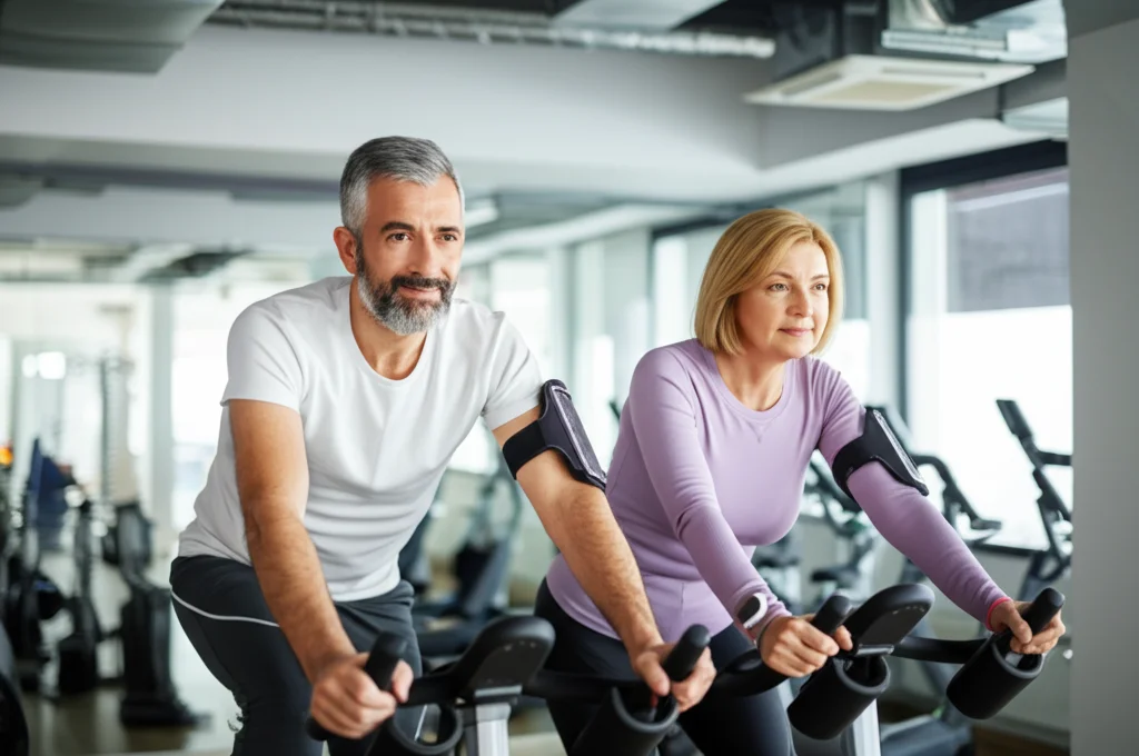Un uomo e una donna di mezza età che si allenano su cyclette in una palestra moderna e luminosa. Indossano abbigliamento sportivo e cardiofrequenzimetri. Telephoto zoom 100mm, fast shutter speed, action tracking per catturare il movimento fluido.