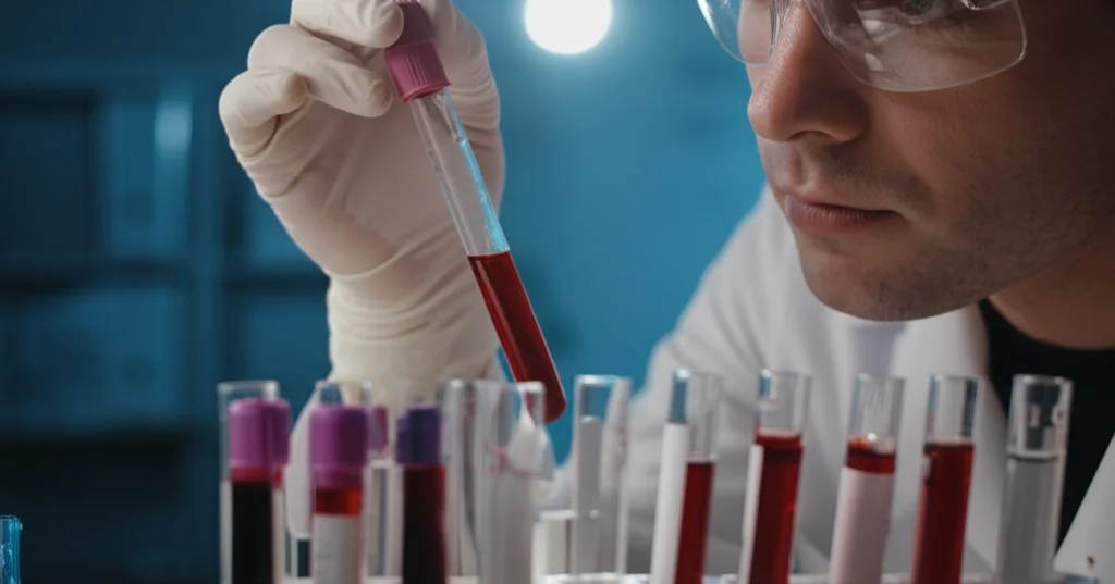 Primo piano di un tecnico di laboratorio che analizza campioni di sangue in provette sotto una luce brillante. Indossa guanti e camice bianco. Macro lens 105mm, high detail, precise focusing, controlled lighting.