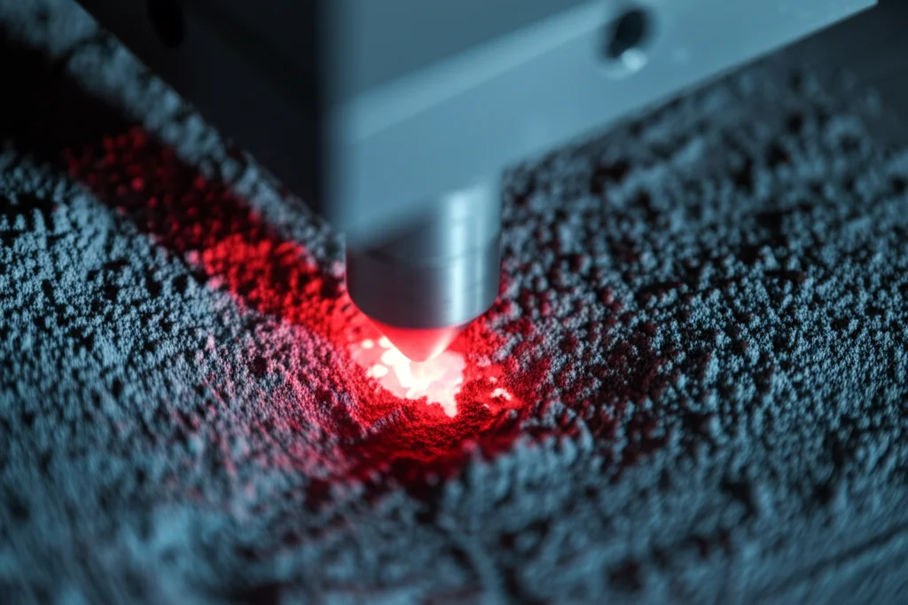 Fotografia macro di un processo di fusione laser a letto di polvere (PBF-LB/M) in corso, con il fascio laser che colpisce la polvere metallica di Ti6Al4V creando una pozza fusa luminosa. Illuminazione controllata, messa a fuoco precisa sui dettagli della polvere e della fusione, obiettivo macro 100mm, alta definizione.