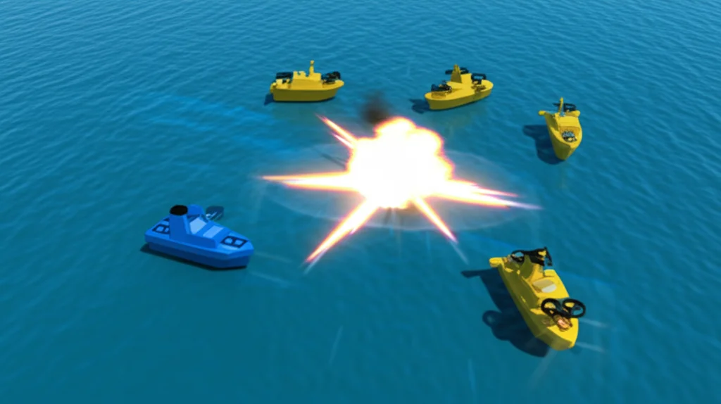Fotografia aerea dinamica di una simulazione di combattimento navale '3v3 Game' con piccole navi drone gialle e blu che manovrano su un mare digitale. Una nave blu è appena stata colpita (effetto esplosione stilizzato). Teleobiettivo zoom 300mm, fast shutter speed, action tracking, alta definizione.
