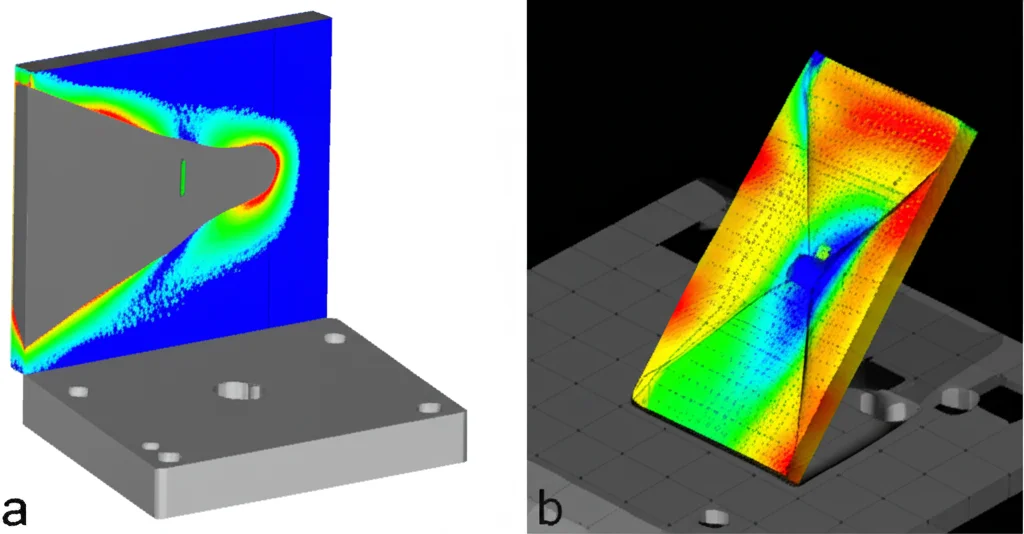 Immagine fotorealistica affiancata: a sinistra, una simulazione software (tipo Amphyon) che mostra le distorsioni previste su un componente metallico LS-Box (prisma cavo); a destra, la scansione 3D a luce strutturata dello stesso componente reale in Ti6Al4V con mappa di deviazione colorata sovrapposta. Ambiente di laboratorio pulito, illuminazione neutra, obiettivo prime 35mm, profondità di campo media.