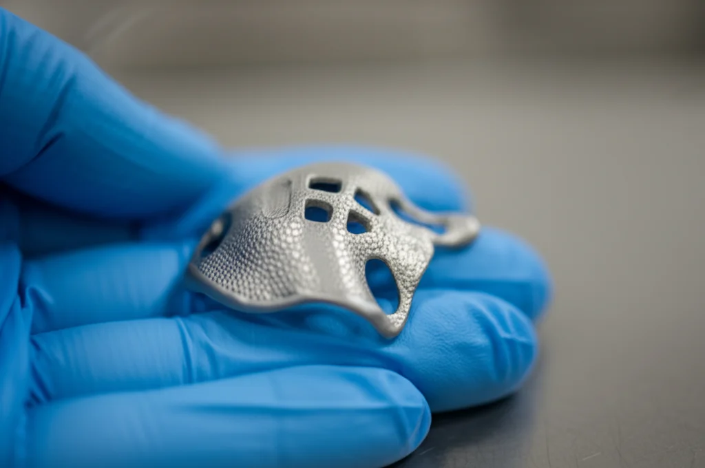 Fotografia di un impianto cranico complesso in titanio (Ti6Al4V) prodotto tramite PBF-LB/M, tenuto delicatamente da una mano guantata in un ambiente medico o di laboratorio high-tech. L'impianto mostra una finitura superficiale tipica dell'additive manufacturing. Obiettivo prime 50mm, profondità di campo ridotta per focalizzare sull'impianto, illuminazione morbida e professionale.