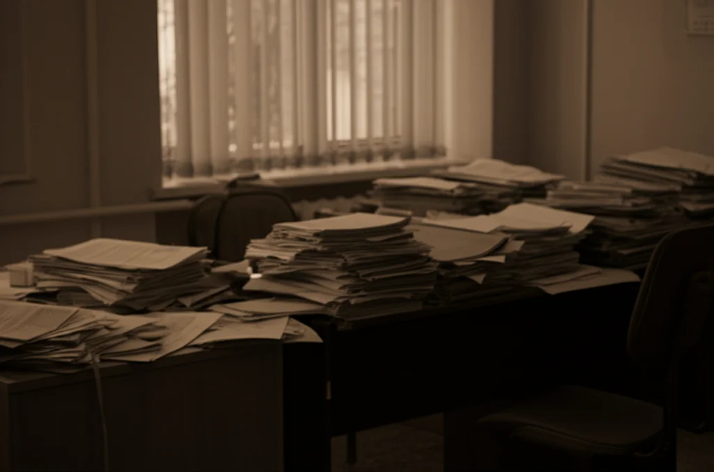 Fotografia di un ufficio pubblico moderno ma leggermente caotico, pile di documenti su una scrivania, luce soffusa da una finestra, obiettivo prime 35mm, profondità di campo che sfoca lo sfondo, toni duotone seppia e grigio.