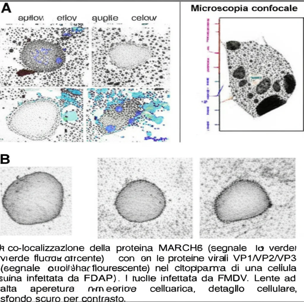 Microscopia confocale ad alta risoluzione che mostra la co-localizzazione della proteina MARCH8 (segnale verde fluorescente) con le proteine virali VP1/VP2/VP3 (segnale rosso fluorescente) nel citoplasma di una cellula suina infettata da FMDV. I nuclei cellulari sono colorati in blu (DAPI). Lente ad alta apertura numerica, dettaglio cellulare, sfondo scuro per contrasto.