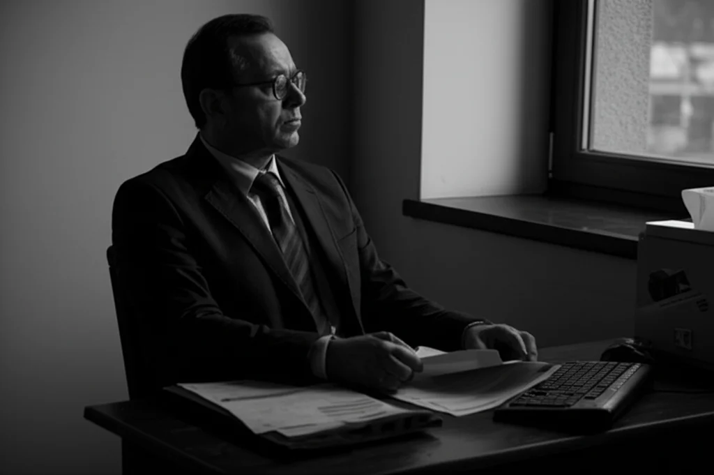 Ritratto fotografico di un funzionario pubblico pensieroso, età media, seduto alla scrivania, guarda fuori dalla finestra, luce drammatica stile film noir, obiettivo 50mm, bianco e nero ad alto contrasto.