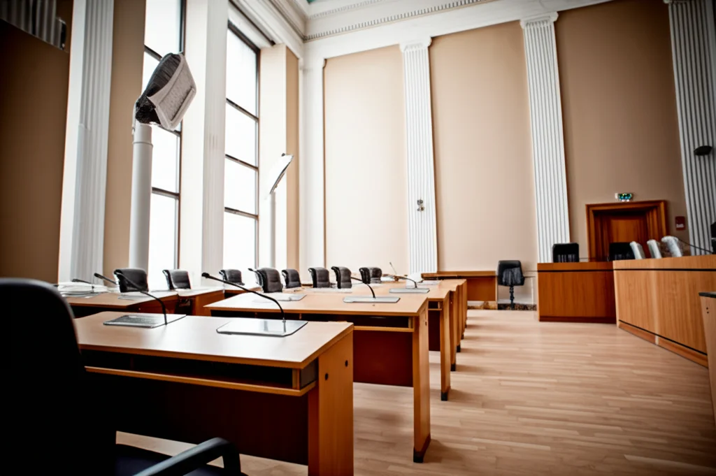 Fotografia grandangolare di un'aula di tribunale o di un'assemblea legislativa vuota, luce solenne che entra dalle finestre alte, obiettivo 18mm, messa a fuoco nitida su tutto il campo, leggera vignettatura.