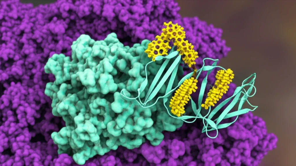 Illustrazione 3D scientifica fotorealistica che mostra una catena di poliubiquitina K33 (molecole gialle brillanti) attaccata specificamente al residuo di lisina K210 della proteina virale VP1 (struttura complessa in viola) dall'enzima E3 ligasi MARCH8 (struttura più grande in verde acqua). Sfondo astratto di un ambiente cellulare. Messa a fuoco precisa, dettaglio elevato, illuminazione drammatica, macro lens 100mm.