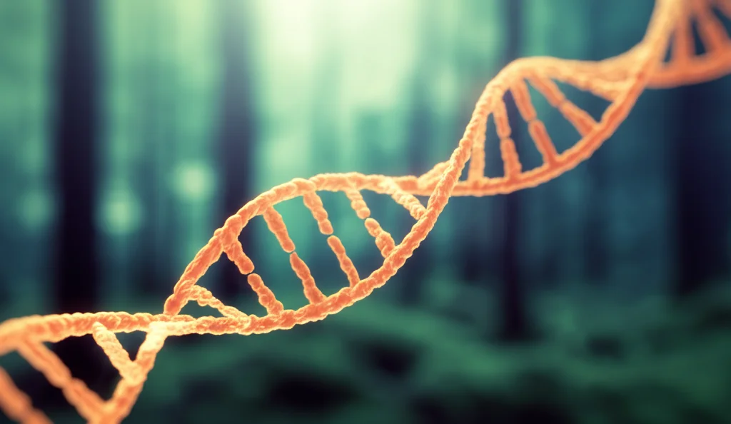 Immagine fotorealistica di una doppia elica di DNA luminosa sovrapposta a uno sfondo sfocato di un ecosistema forestale, a simboleggiare la ricerca genomica in ecologia. Obiettivo macro 80mm, dettaglio elevato, illuminazione controllata, profondità di campo ridotta.