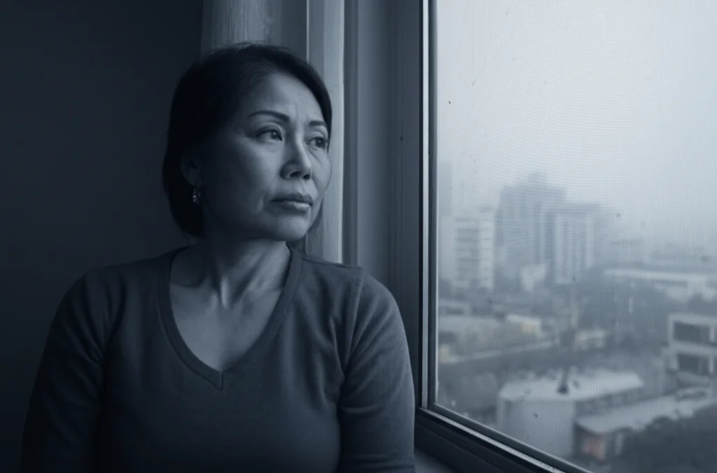 Ritratto fotografico di una donna asiatica di circa 45 anni, dall'aspetto sano ma pensieroso, che guarda fuori da una finestra verso un paesaggio urbano con visibile foschia da inquinamento. Obiettivo 35mm, profondità di campo che sfoca leggermente lo sfondo urbano, luce naturale dalla finestra, toni duotone blu e grigio per un'atmosfera riflessiva.