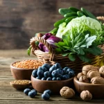 Composizione still life vibrante e invitante di alimenti vegetali sani su un tavolo di legno rustico: un cesto traboccante di verdure a foglia verde, bacche colorate, noci miste, legumi secchi e una bottiglia di olio d'oliva. Illuminazione naturale morbida, obiettivo macro 100mm, alta definizione, messa a fuoco precisa sui dettagli e le texture.