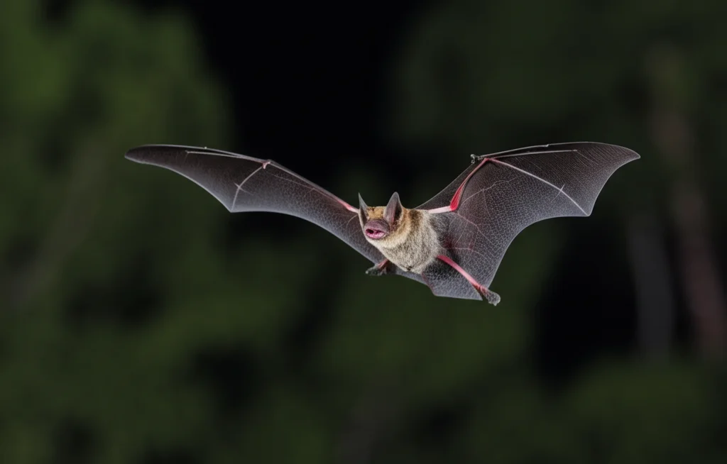 Fotografia naturalistica ad alta risoluzione di un pipistrello messicano (Rousettus) in volo notturno catturato con teleobiettivo 400mm, alta velocità otturatore, tracciamento del movimento, sfondo leggermente sfocato della foresta pluviale messicana, simboleggiando l'origine di molti coronavirus.