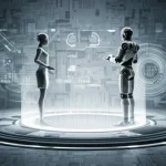 Illustrazione concettuale di un dibattito tra una figura umana stilizzata e una figura robotica AI, separati da un podio luminoso, su sfondo tecnologico astratto, fotografia grandangolare, 20mm, messa a fuoco nitida.