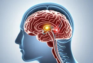 Immagine concettuale fotorealistica che illustra l'interazione dinamica e complessa tra il cervelletto (evidenziato) e le strutture sottocorticali (talamo, striato) all'interno del cervello umano, simboleggiando la dismetria cognitiva. Luce drammatica che illumina le connessioni neurali, obiettivo 50mm, focus nitido sulle aree chiave, stile cinematografico per enfatizzare l'importanza di questa interazione nella salute mentale.