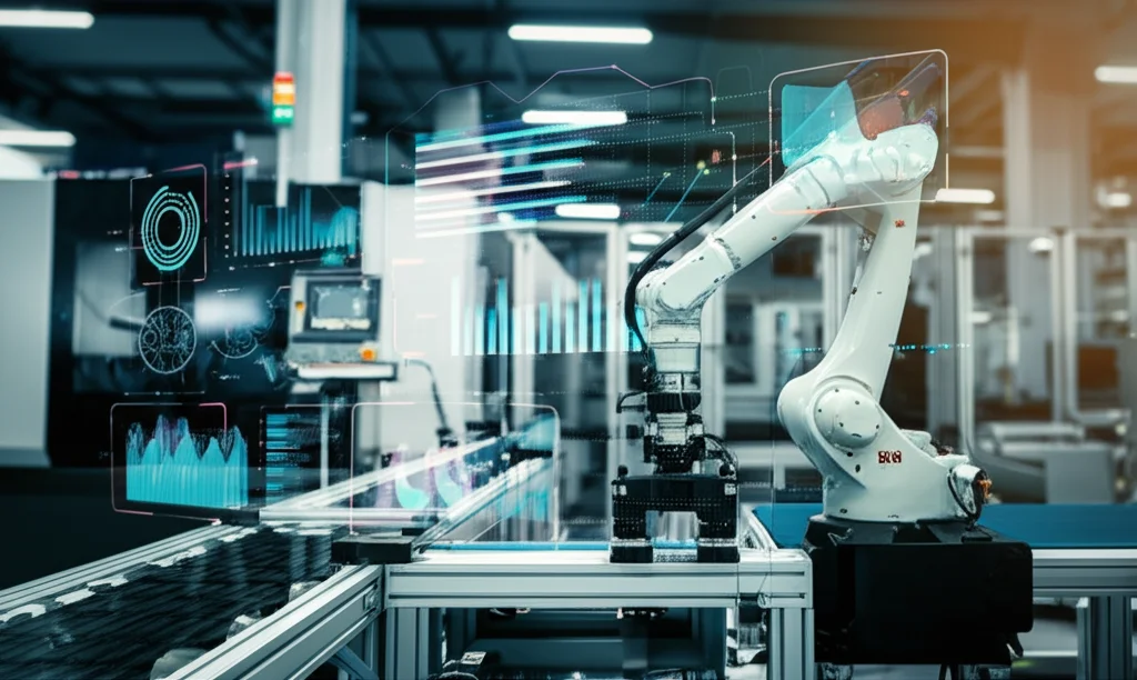 Immagine fotorealistica di un moderno impianto di produzione flessibile. In primo piano, un braccio robotico collaborativo sta assemblando componenti su una postazione di lavoro modulare. Sullo sfondo, altre macchine e nastri trasportatori. Sovrapposti digitalmente all'immagine, grafici luminosi e linee di flusso che rappresentano dati di simulazione e ottimizzazione del layout. Obiettivo 24mm, stile cinematografico, luce dinamica, alta definizione.