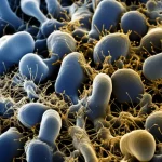 Micrografia elettronica a scansione stilizzata di tessuto tumorale gastrico, evidenziando le membrane cellulari dove potrebbero risiedere i canali ionici Piezo, illuminazione drammatica, lente macro 100mm, alto dettaglio, colori duotone blu scuro e oro.