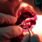 Scatto intraoperatorio ravvicinato durante una dissezione del collo, teleobiettivo zoom 100mm, che mostra il muscolo omoioideo utilizzato come lembo vascolarizzato per coprire e riparare l'area di una perdita di chilo vicino ai vasi principali del collo (vena giugulare interna visibile), messa a fuoco precisa sulla sutura del lembo, illuminazione chirurgica brillante.