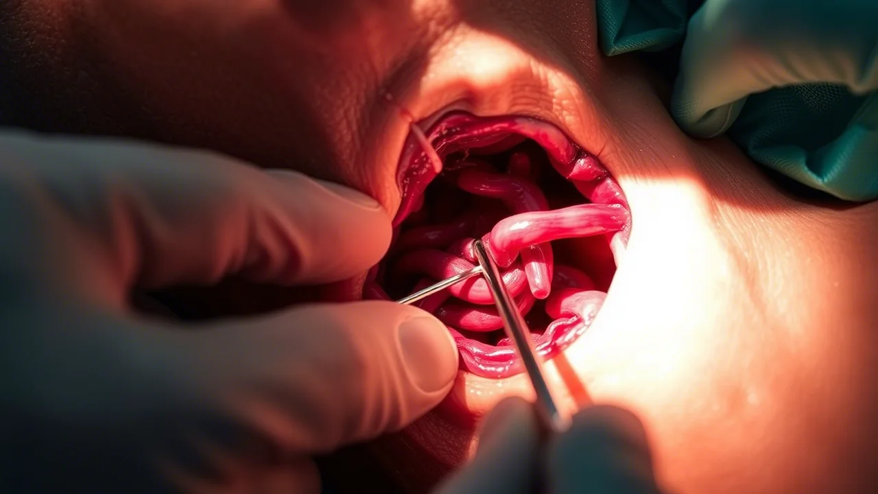 Scatto intraoperatorio ravvicinato durante una dissezione del collo, teleobiettivo zoom 100mm, che mostra il muscolo omoioideo utilizzato come lembo vascolarizzato per coprire e riparare l'area di una perdita di chilo vicino ai vasi principali del collo (vena giugulare interna visibile), messa a fuoco precisa sulla sutura del lembo, illuminazione chirurgica brillante.