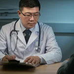 Un medico cinese in un ospedale moderno esamina con attenzione la cartella clinica di un paziente affetto da afasia. Luce focalizzata sul medico e sulla cartella. Obiettivo prime 50mm, profondità di campo, toni blu e grigi duotone per un'atmosfera clinica ma riflessiva.