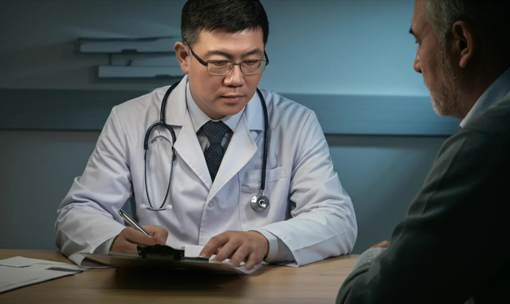 Un medico cinese in un ospedale moderno esamina con attenzione la cartella clinica di un paziente affetto da afasia. Luce focalizzata sul medico e sulla cartella. Obiettivo prime 50mm, profondità di campo, toni blu e grigi duotone per un'atmosfera clinica ma riflessiva.