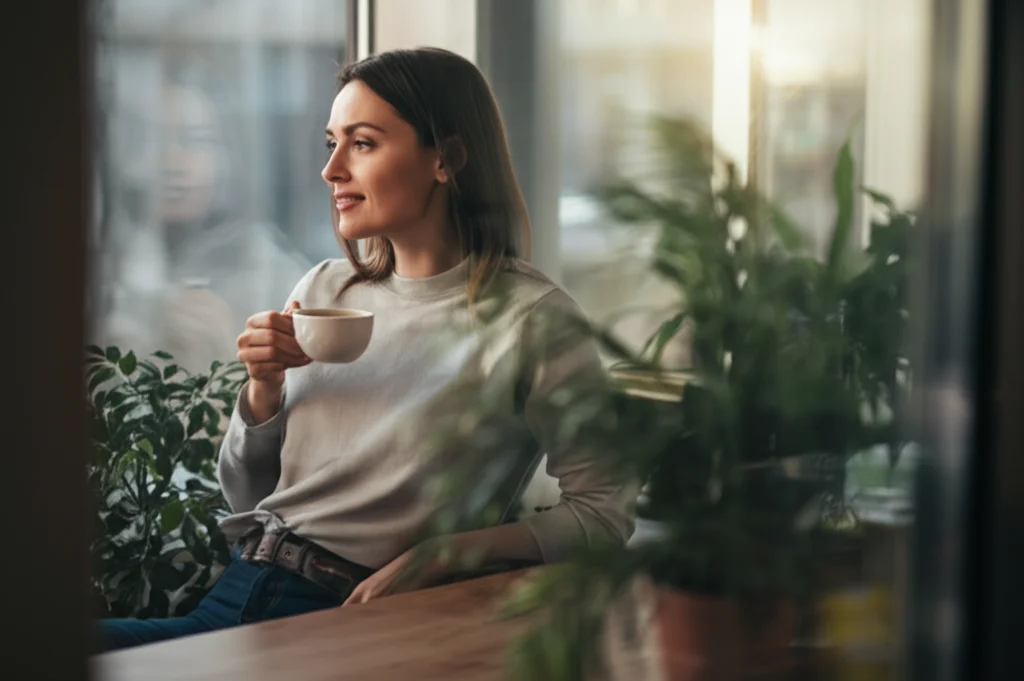 Una donna sorridente tiene in mano una tazza di caffè caldo, guardando fuori da una finestra luminosa. Accanto a lei, una pianta verde rigogliosa. Atmosfera positiva e salutare. Obiettivo 35mm, luce naturale, leggera profondità di campo, colori caldi e invitanti.