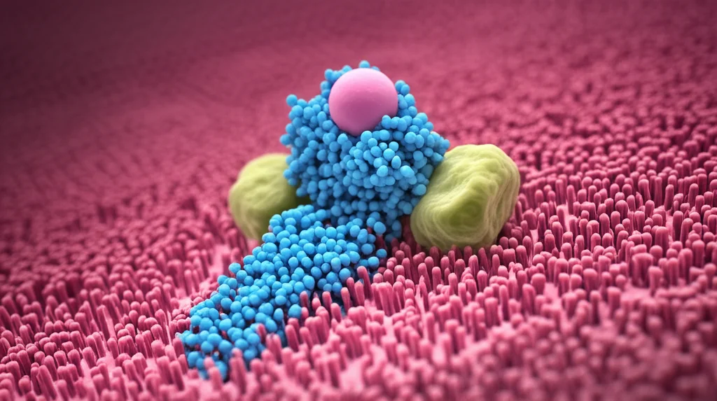 Illustrazione scientifica che mostra un anticorpo monoclonale (come Fepixnebart) che si lega a specifiche molecole (epiregulina/TGF-α) nel flusso sanguigno, impedendo loro di raggiungere i recettori cellulari. Macro lens, 100mm, high detail, controlled lighting.