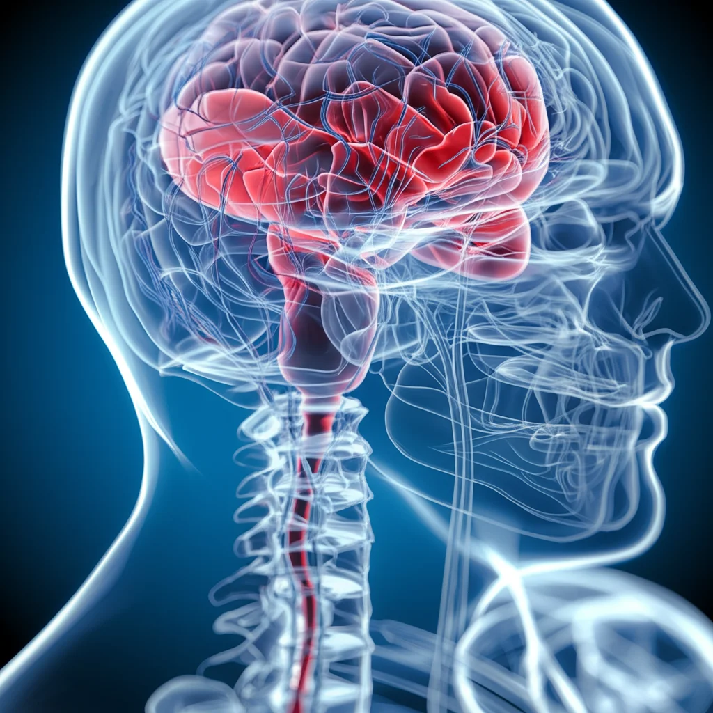 Visualizzazione 3D fotorealistica del plesso coroideo all'interno dei ventricoli cerebrali umani, evidenziando la sua intricata struttura vascolare. Stile rendering medico, obiettivo virtuale 50mm, illuminazione soffusa che accentua i dettagli anatomici, alta risoluzione.