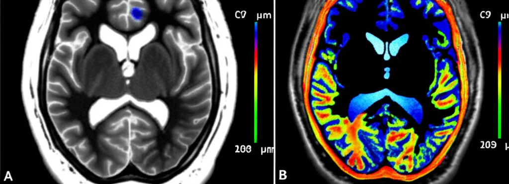 Immagine comparativa di scansioni cerebrali MRI. A sinistra, una mappa del volume delle iperintensità della sostanza bianca (WMH). A destra, una mappa di suscettibilità quantitativa (QSM) delle stesse aree, con colori diversi che indicano variazioni microstrutturali. Stile immagine medica, alta risoluzione, obiettivo virtuale 70mm.