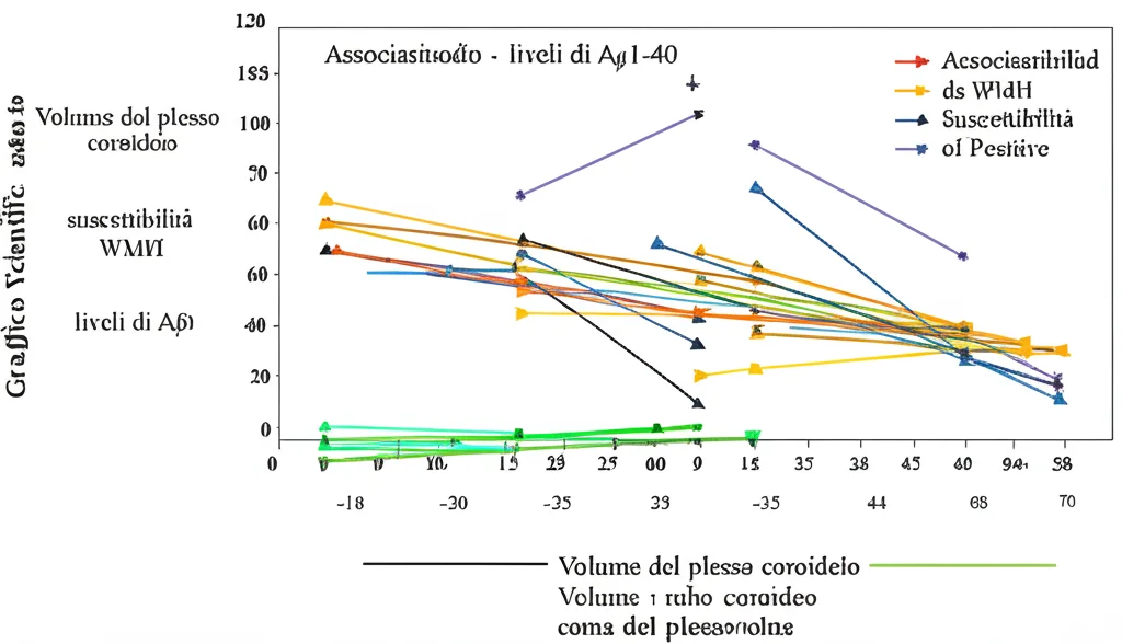 Grafico scientifico astratto che mostra le correlazioni tra volume del plesso coroideo, suscettibilità delle WMH e livelli di Aβ1-40, con linee che indicano associazioni positive e negative. Stile infografica medica, colori chiari e professionali, alta risoluzione.