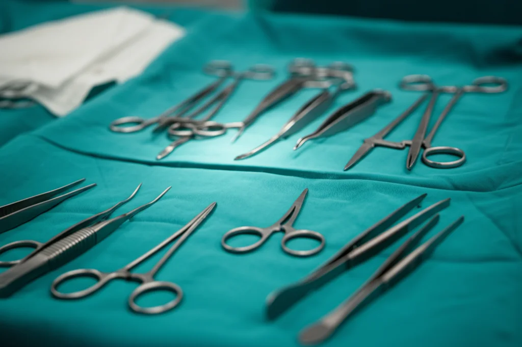 Fotografia macro di strumenti chirurgici sterili, come pinze e bisturi, appoggiati su un telo chirurgico verde in una sala operatoria ben illuminata, obiettivo macro 90mm, alta definizione, focus preciso.