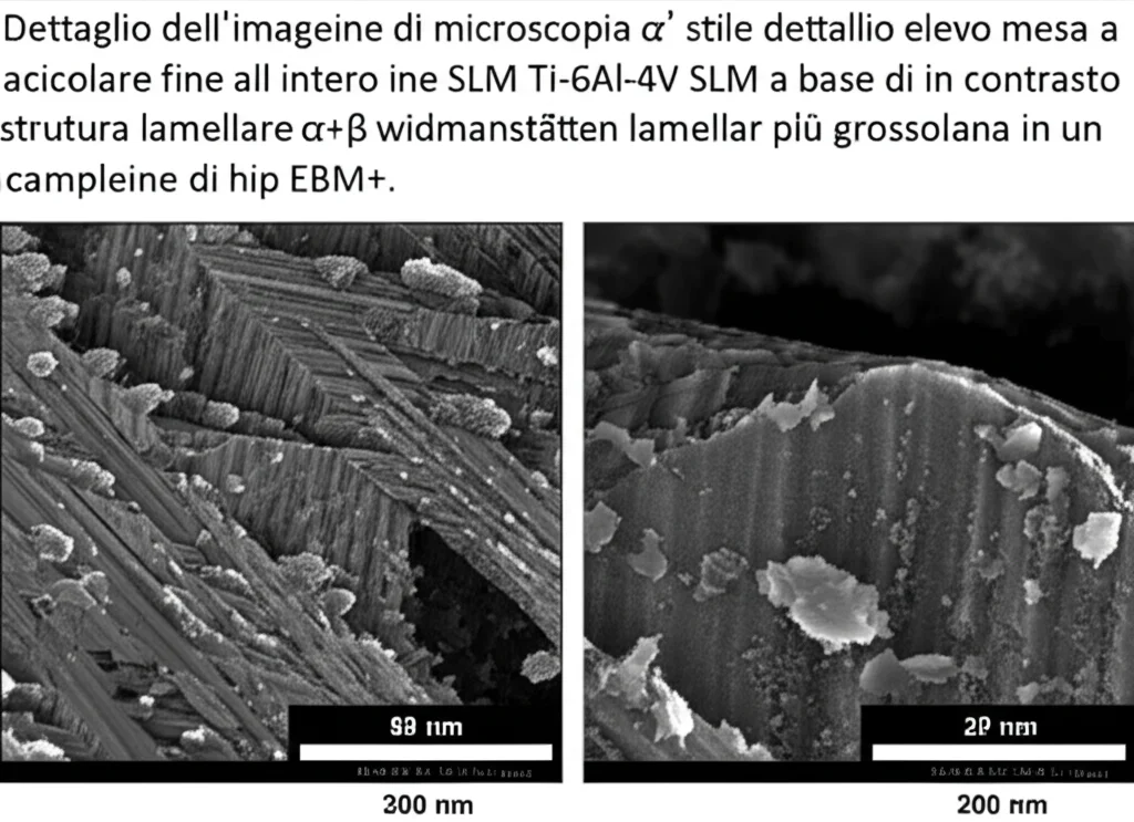 Dettaglio dell'immagine di microscopia, stile SEM, dettaglio elevato, messa a fuoco precisa, che mostra la struttura di martensite α 'acicolare fine all'interno di un campione SLM TI-6Al-4V SLM a base di SLM in contrasto con la struttura lamellare α+β widmanstätten lamellar più grossolana in un campione di hip EBM+.