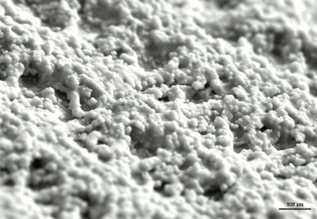 Close-up, lenti macro 80 mm, dettagli elevati, illuminazione controllata, che mostra la superficie di un impianto Ti-6Al-4V rivestito con uno strato bianco e leggermente strutturato di idrossiapatite (HA), pronto per i test di biocompatibilità.