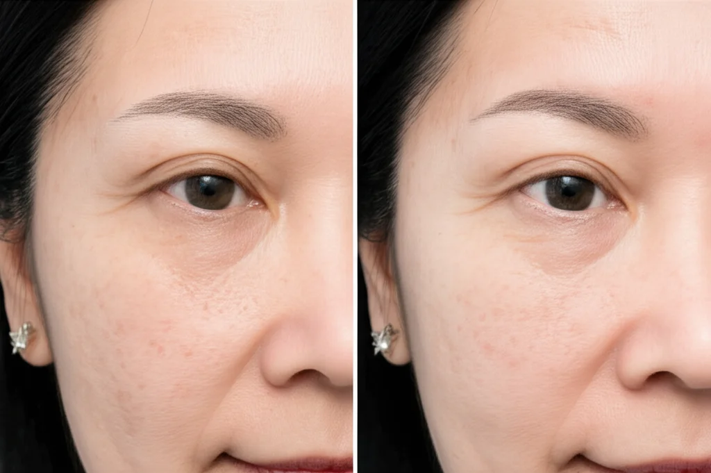 Primo piano del viso di una donna asiatica di mezza età prima e dopo il trattamento laser a picosecondi, mostrando una riduzione visibile delle macchie scure e delle rughe sottili. Fotografia clinica, illuminazione controllata, obiettivo macro 90mm, alta definizione.