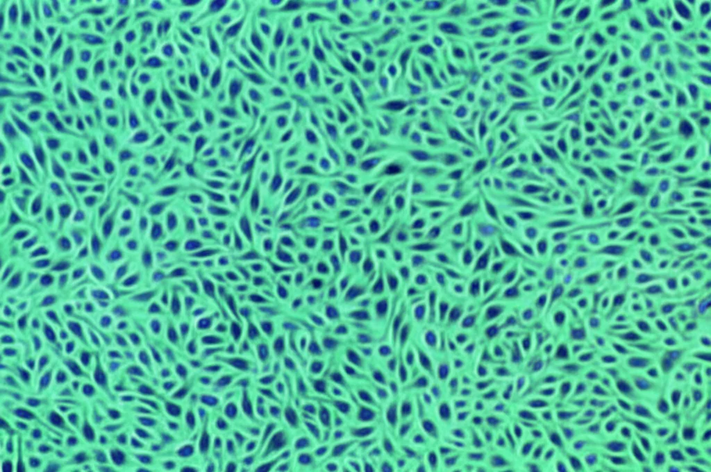 Vista al microscopio di cellule stromali mesenchimali (MSC) in coltura, con la loro tipica forma allungata simile a fibroblasti. Illuminazione controllata, alto dettaglio, lente macro 100mm, messa a fuoco precisa sulle cellule.