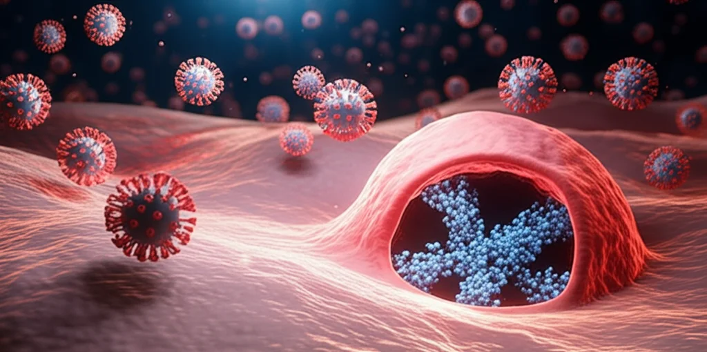 Illustrazione concettuale di particelle virali SARS-CoV-2 (rosse con spike) che vengono intercettate e legate da mini-proteine ACE2 (blu, più piccole) secrete da una cellula MSC (grande, sullo sfondo). Ambiente stilizzato che ricorda il tessuto polmonare. Luce drammatica, alto dettaglio, rendering 3D fotorealistico.