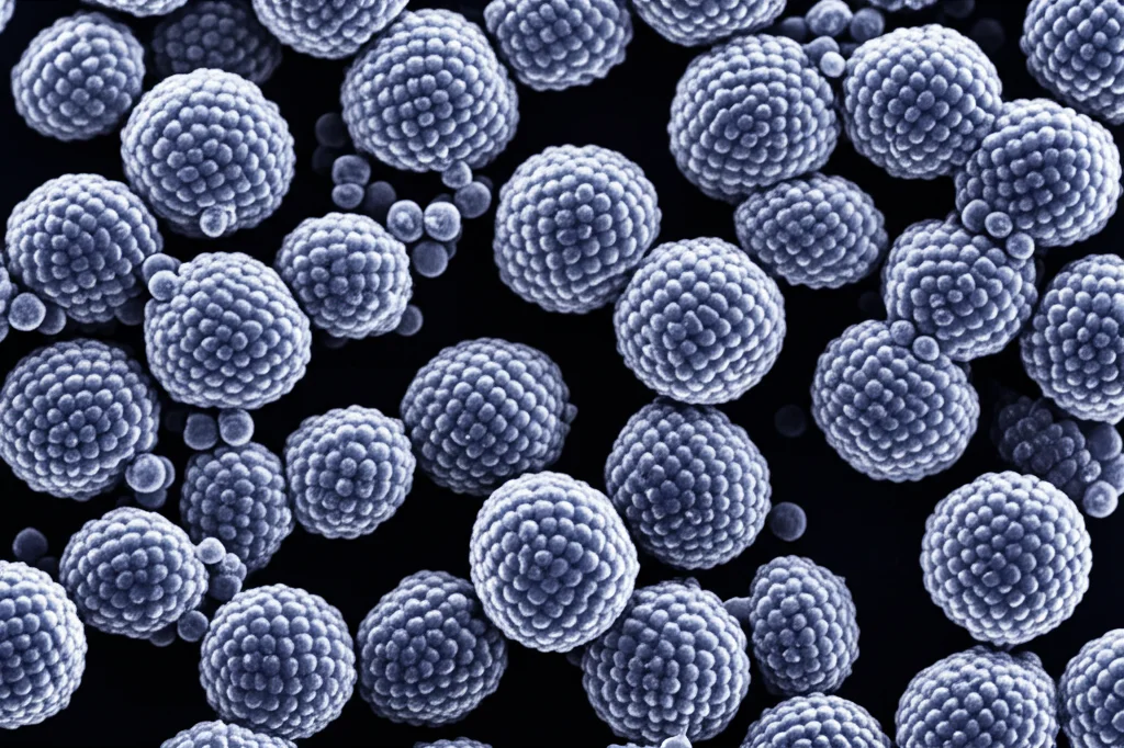 Micrografia elettronica a trasmissione del virus dell'influenza H7N9, obiettivo macro 100mm, alta definizione, illuminazione controllata, che mostra le particelle virali sferiche con le spicole di emoagglutinina sulla superficie.