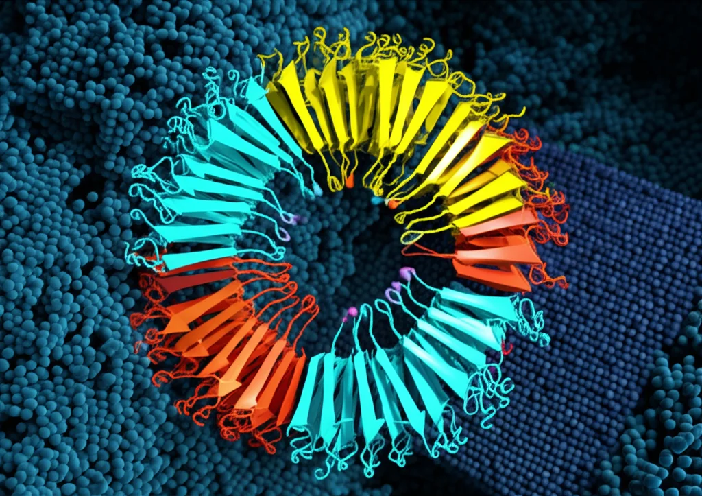 Illustrazione molecolare del proteasoma 26S che cattura la proteina emoagglutinina (HA) virale per la degradazione, obiettivo macro 80mm, alta definizione, messa a fuoco precisa sui dettagli molecolari, illuminazione drammatica.