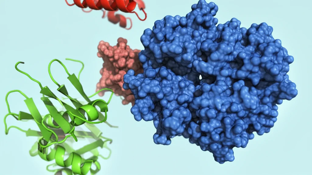 Visualizzazione 3D della proteina GANC (blu) che interagisce con le subunità PSMD1/PSMD2 (verde) del proteasoma, impedendo il legame della proteina HA virale (rosso), rendering fotorealistico con profondità di campo, obiettivo 35mm.