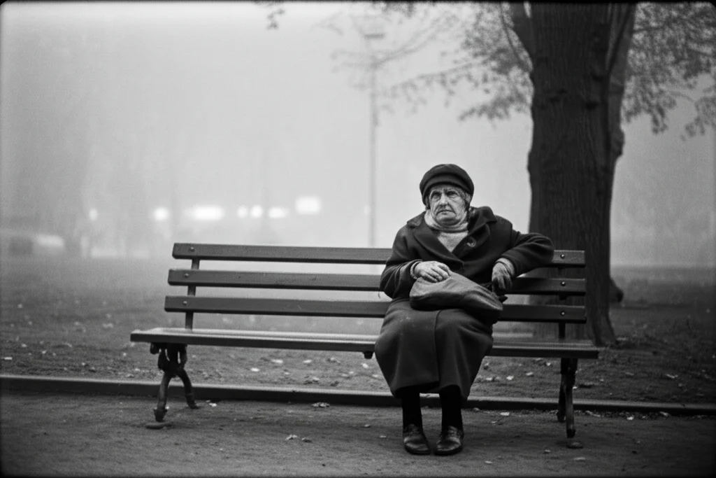 Fotografia di una persona anziana seduta su una panchina in un parco cittadino dall'aria visibilmente inquinata (smog), con espressione malinconica. Obiettivo prime 35mm, profondità di campo ridotta per isolare il soggetto, bianco e nero film.