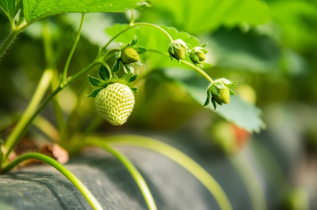 Fotografia macro di una pianta di fragola all'interno di una serra, con focus su una bacca verde in via di sviluppo parzialmente nascosta dalle foglie. Utilizzare un obiettivo Macro da 100mm, alto dettaglio, messa a fuoco precisa, illuminazione controllata della serra.