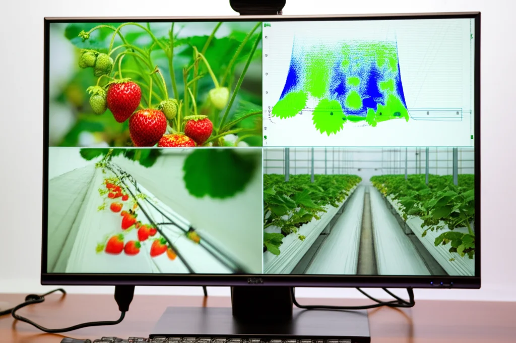 Immagine fotorealistica di uno schermo di computer che mostra grafici di dati complessi e immagini di piante di fragola affiancate, simulando l'analisi AI per la classificazione dello stadio di crescita. Illuminazione controllata, alto dettaglio.