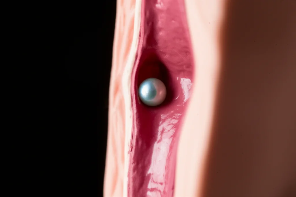 Immagine macro ad alta definizione di una perlina colorata incastrata in un modello anatomico di trachea umana, illuminazione controllata per evidenziare la superficie liscia e l'ostruzione parziale. Obiettivo macro 100mm, alta definizione, messa a fuoco precisa.