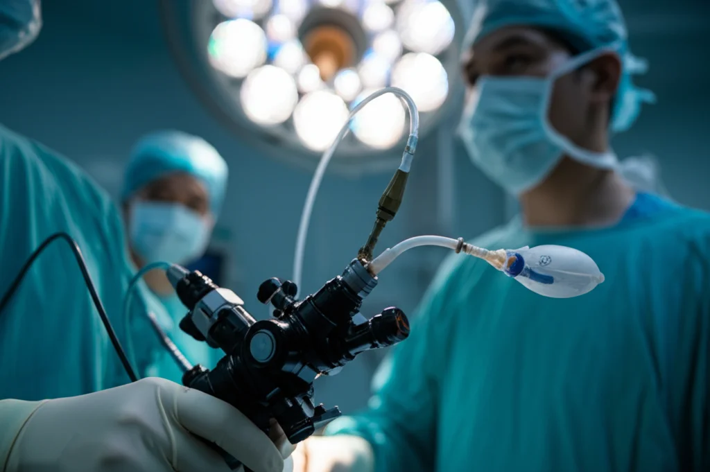 Fotografia medica realistica che mostra una sala operatoria high-tech, focus su un broncoscopio rigido con un tubo sottile per la ventilazione jet (HFJV) inserito e un palloncino sgonfio (bloccante endobronchiale) vicino. Luce chirurgica intensa, profondità di campo ridotta per isolare gli strumenti. Obiettivo prime 35mm, profondità di campo.
