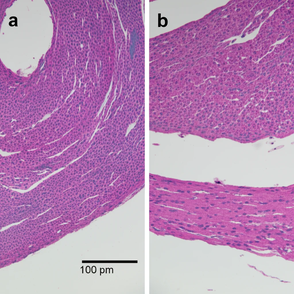 Macro fotografia di tessuto epatico di topo al microscopio. Metà immagine mostra cellule epatiche sane, ben organizzate. L'altra metà mostra cellule epatiche danneggiate da LPS, con segni di edema, infiltrazione infiammatoria e necrosi. Obiettivo macro 100mm, illuminazione controllata, alta definizione.